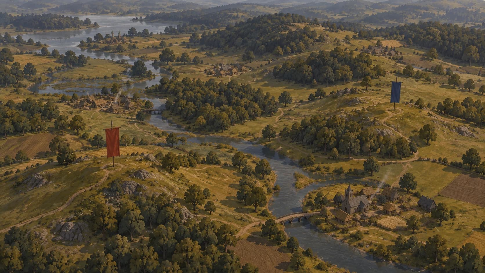 AI concept art of a settlement beside a ford, not gameplay